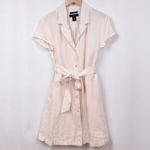 Tahari Shirt Dress Linen Button Front Belted Cap Sleeve Safari Cream Coastal M